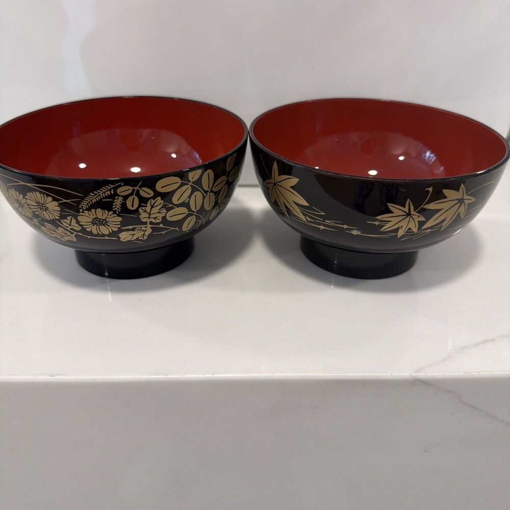 SET of 2 Japanese 4.5"D Lacquered Plastic Rice Soup Bowls Ume Blossom JAPAN MADE